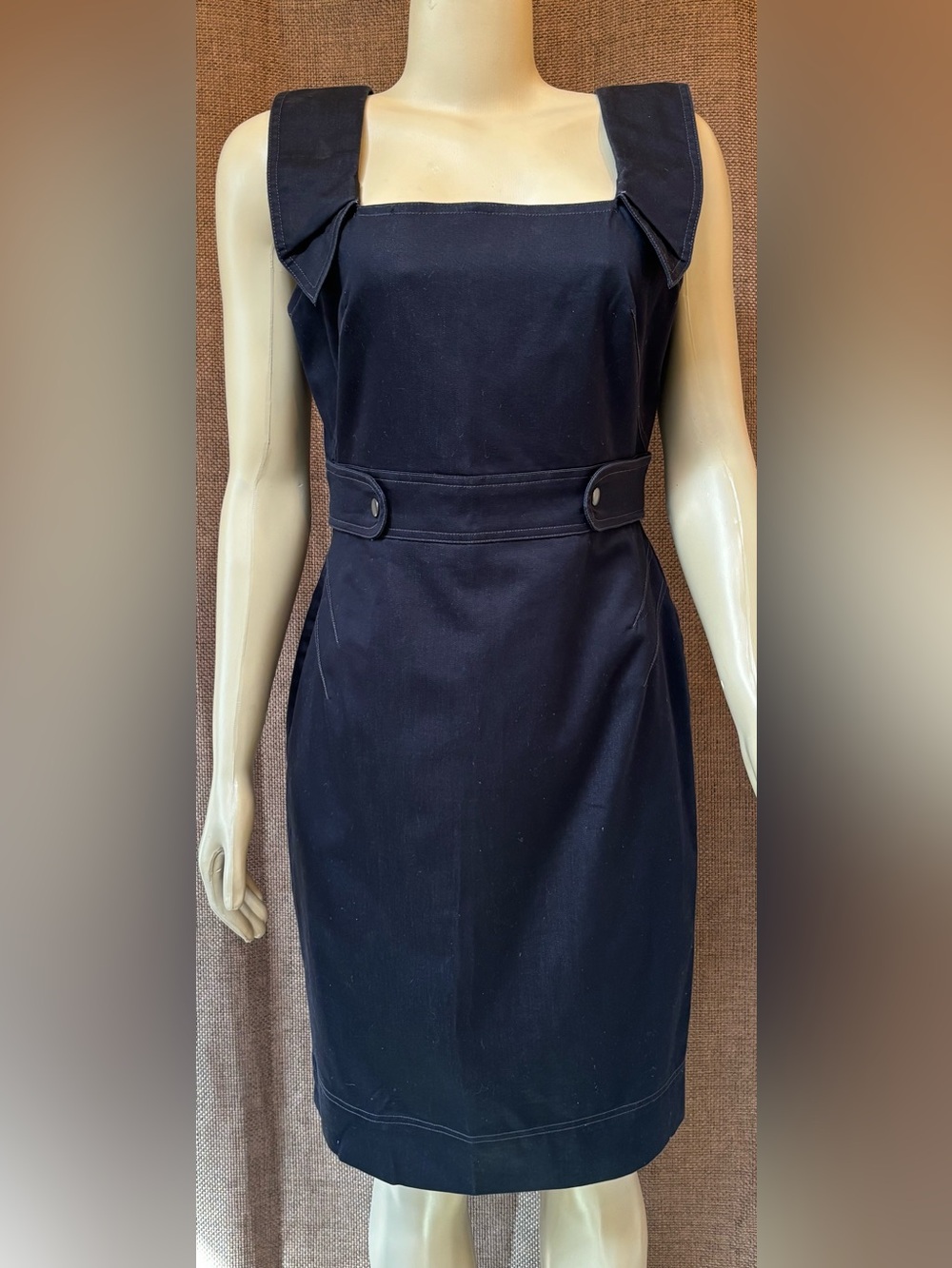 London Times Navy Square-Neck Midi Sheath Dress